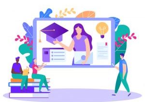 Woman Leads Course Lectures Online. Distance Learning. Lesson Online. E-Learning. Online Training. Students Background Monitor. New Technologies. Vector Illustration. Teacher on Monitor Screen.